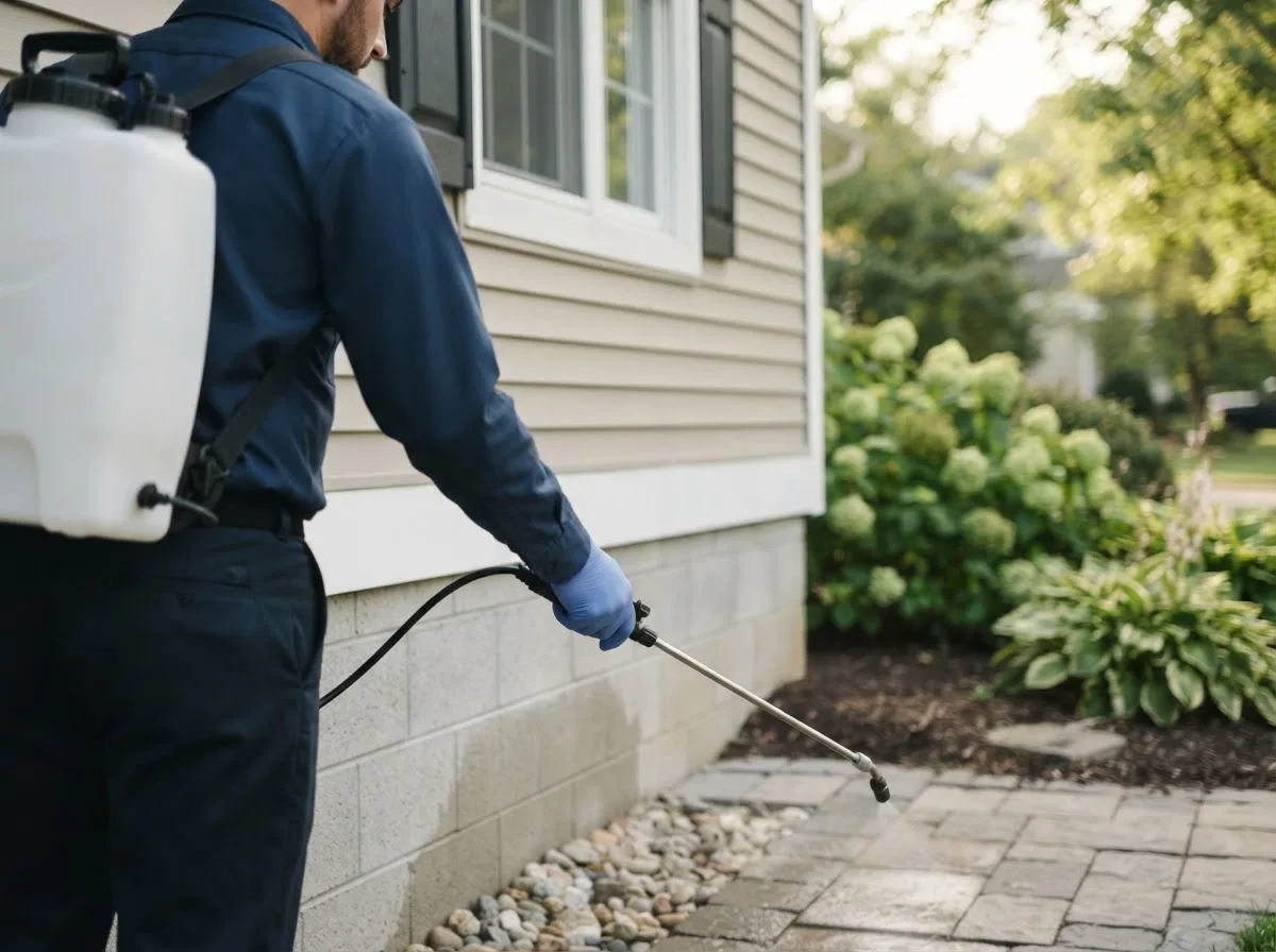 Pest control technician inspecting a home in Platter, OK